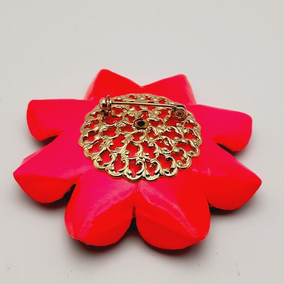 Vintage 1960s Hot Pink Enamel Flower Flat Back Rhinestones Large Brooch - Picture 6 of 8